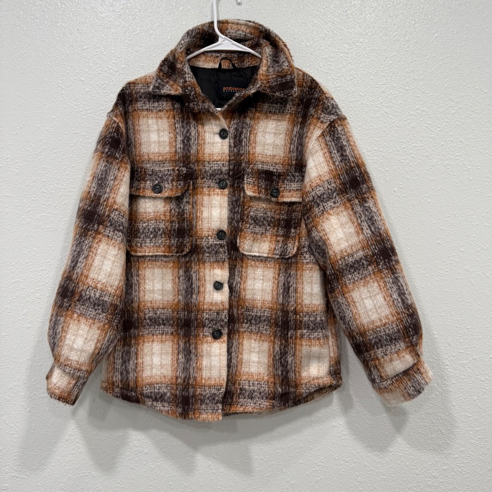 Ambiance Outerwear Brown Orange Plaid Wool Blend Shacket Button Up Jacket Small